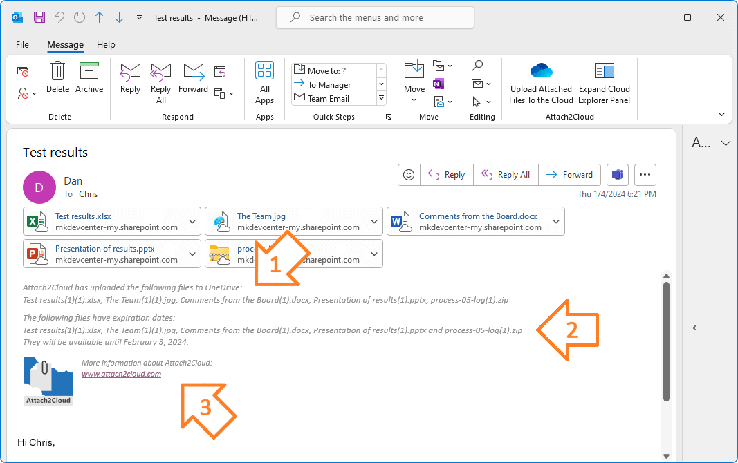 Attach2Cloud - MS Outlook email sent, with attached files uploaded to the Cloud, and comment automatically inserted by Attach2Cloud