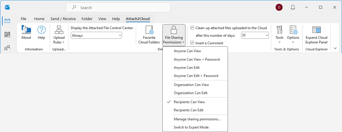Attach2Cloud Ribbon - File Sharing Permissions drop-down menu - Simplified mode