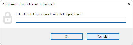 Attach2Cloud demande le mot de passe du fichier Zip sécurisé et crypté lors de son ouverture depuis le courriel MS Outlook auquel il est attaché
