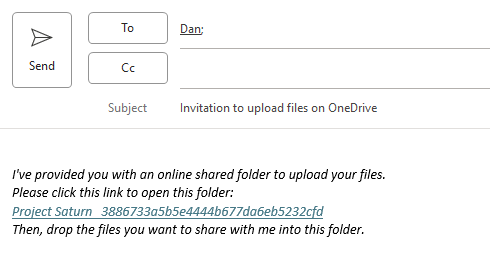 Attach2Cloud invitations to upload files to OneDrive - Example of an invitation once inserted in the email being edited